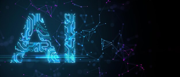 Icono de circuitos de IA con red neuronal conectada Renderización 3D de fondo