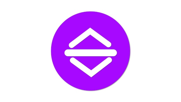 Un icono circular púrpura con un diseño geométrico blanco en el centro que consta de dos líneas horizontales y dos formas triangulares que apuntan hacia el centro