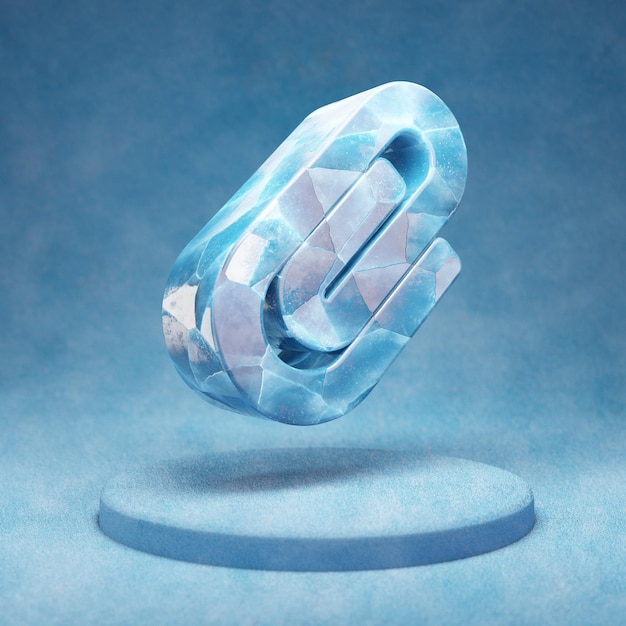 Icono de clip. Símbolo de clip de hielo azul agrietado en el podio de nieve azul. Icono de redes sociales para sitio web, presentación, elemento de plantilla de diseño. Render 3D.