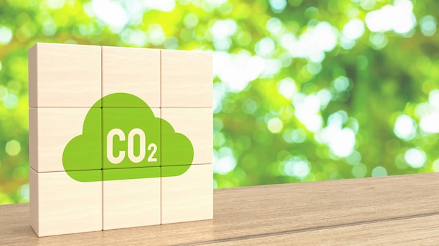El icono de co2 en el cubo de madera para la representación 3d del concepto ambiental