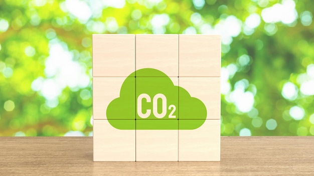 El icono de co2 en el cubo de madera para la representación 3d del concepto ambiental