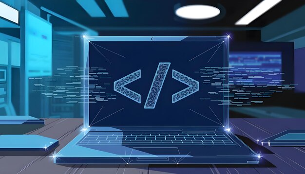 Icono de código de programación abstracto en una pantalla de portátil en azul claro de estilo poli futurista