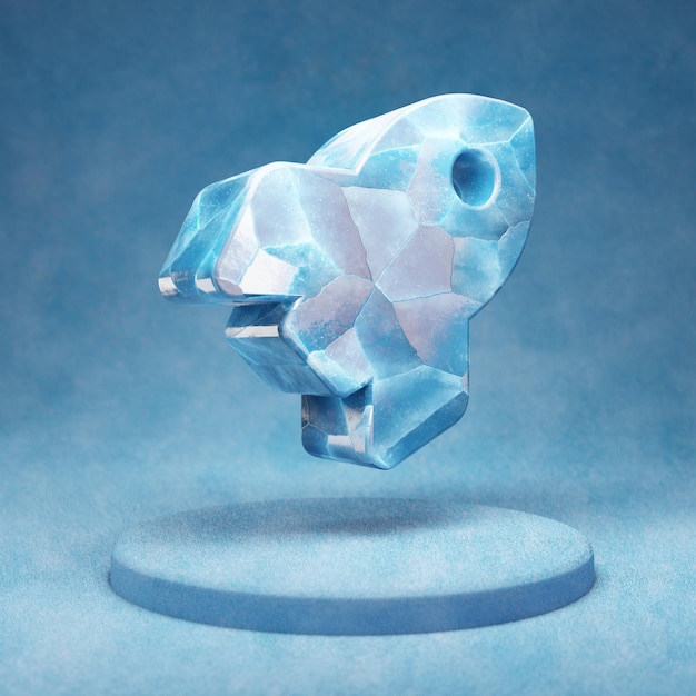 Icono de cohete. Símbolo de cohete de hielo azul agrietado en el podio de nieve azul. Icono de redes sociales para sitio web, presentación, elemento de plantilla de diseño. Render 3D.