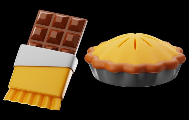 icono de comida y bebida de pastel de chocolate y pan representación 3d sobre fondo aislado