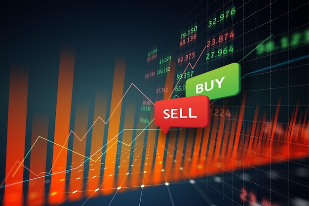 Icono de compra y venta en el mercado de valores o en el concepto de negocio gráfico de compraventa de divisas con antecedentes