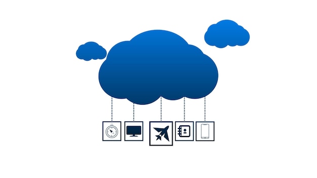 Icono de computación en nube azul con varios símbolos de tecnología colgados