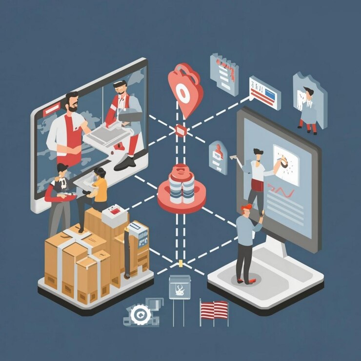 Foto icono del concepto de simulación de la cadena de suministro red logística idea abstracta ilustración de línea delgada