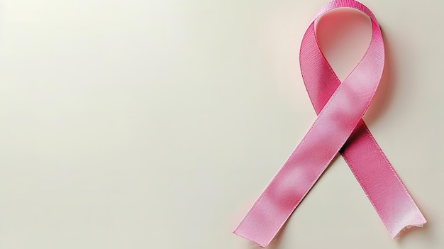 Un icono de concienciación sobre el cáncer con una cinta rosada en una superficie blanca con espacio para texto o producto IA generativa