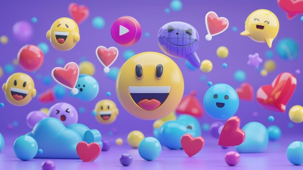 Foto icono de conjunto de redes sociales 3d animado comunicación en redes sociales con emoticones me gustan sonrisas y mensajes reacción en internet icono de paquete de diseño creativo cómico aislado en fondo púrpura