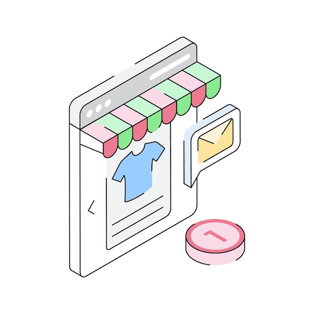 Icono de contorno isométrico visualmente atractivo que representa el mensaje de comercio electrónico