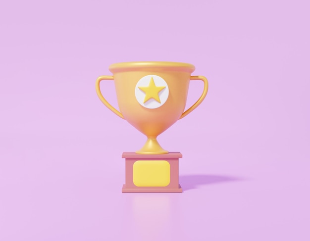 Icono de copa de trofeo con estrella sobre fondo púrpura Dibujos animados mínimo lindo suave 1er ganador concepto 3d renderizado ilustración