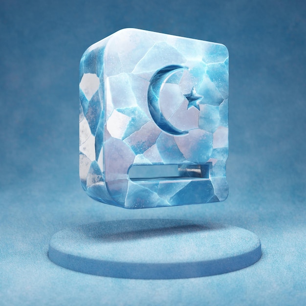 Icono del Corán. Símbolo del Corán de hielo azul agrietado en el podio de nieve azul. Icono de redes sociales para sitio web, presentación, elemento de plantilla de diseño. Render 3D.