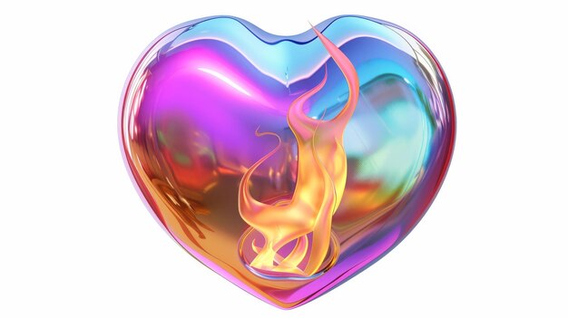 Foto el icono de corazón holográfico 3d con llama de fuego en el estilo y2k se representa con cromo iridescente y un gradiente de arco iris