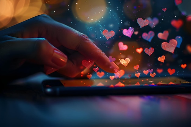 Icono de corazón presionado con la mano del teléfono inteligente con corazones 3D flotantes Interacción social digital