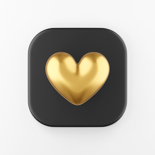 Icono de corazón realista dorado. Botón de tecla cuadrada negra de renderizado 3D, elemento de interfaz ui ux de interfaz.