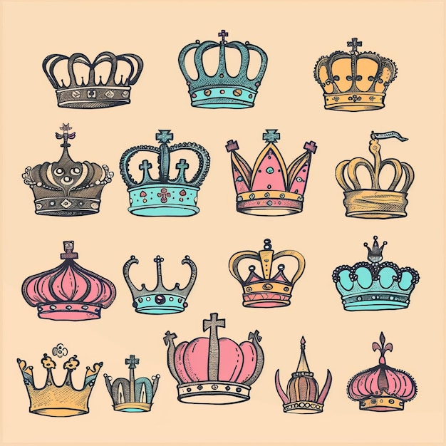 El icono de la corona, el símbolo del rey, el dibujo de la princesa, el signo de la reina, el emblema real, la corona de la realeza aislados.