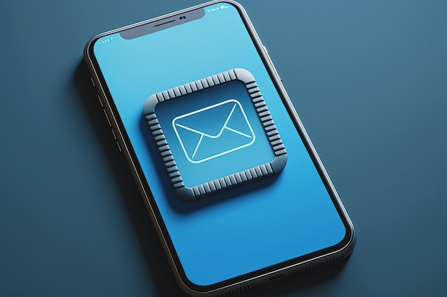 Icono de correo electrónico en el fondo azul de la pantalla móvil IA generativa