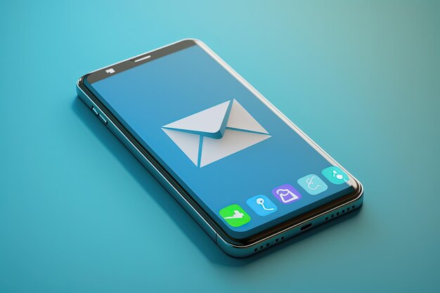 Icono de correo electrónico en el fondo azul de la pantalla móvil IA generativa