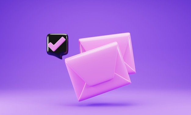 Icono de correo rosa con signo de lista de verificación aislado sobre fondo púrpura Ilustración de representación 3d