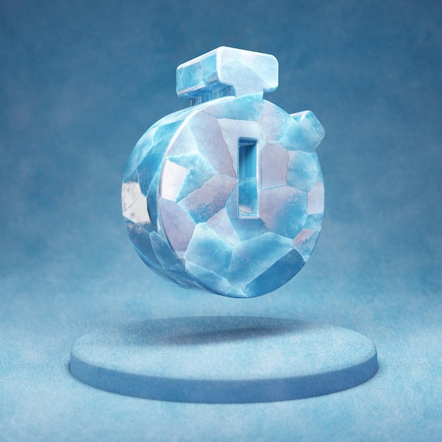 Icono de cronómetro. Símbolo de cronómetro de hielo azul agrietado en el podio de nieve azul. Icono de redes sociales para sitio web, presentación, elemento de plantilla de diseño. Render 3D.