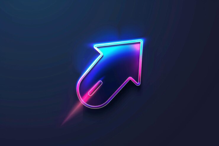 Icono de cursor de neón vibrante que brilla con efectos de luz dinámicos en un fondo de gradiente oscuro