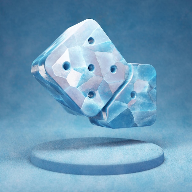 Icono de dados. Símbolo de dados de hielo azul agrietado en el podio de nieve azul. Icono de redes sociales para sitio web, presentación, elemento de plantilla de diseño. Render 3D.