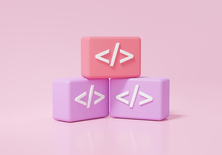 Foto icono de desarrollo de lenguaje de codificación en el concepto de desarrollador de software de fondo rosa ilustración de renderizado 3d de estilo de dibujos animados mínimo