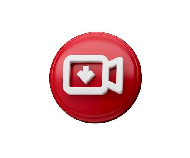 Icono de descarga de video brillante blanco y rojo ilustración 3d aislado sobre fondo blanco