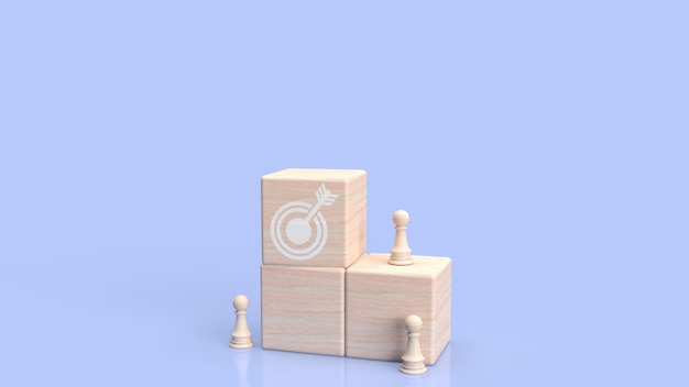 El icono de destino en el cubo de madera para la representación 3d del concepto abstracto o empresarial