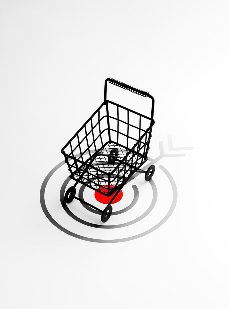 Foto icono de destino rojo 3d debajo de un supermercado de carrito de compras negro aislado en estilo vertical de fondo blanco aumento de la gestión de objetivos comerciales en conceptos de marketing y objetivos de ventas e ingresos