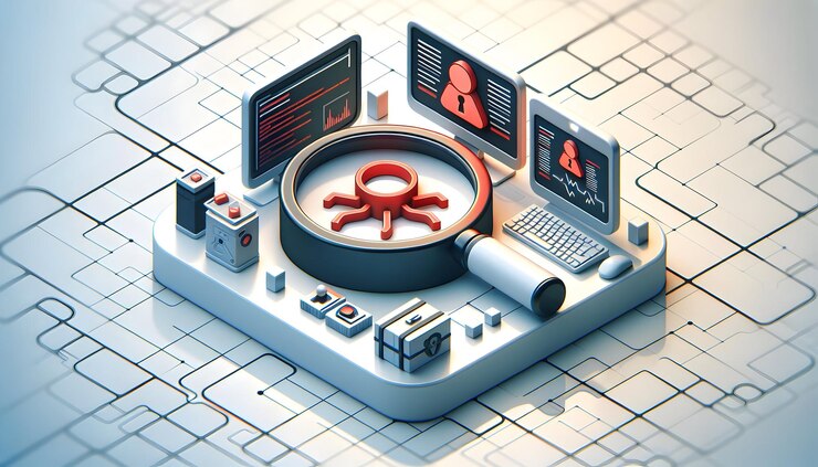 Foto el icono de detección de amenazas 3d de la lupa apunta a las amenazas cibernéticas en escena isométrica
