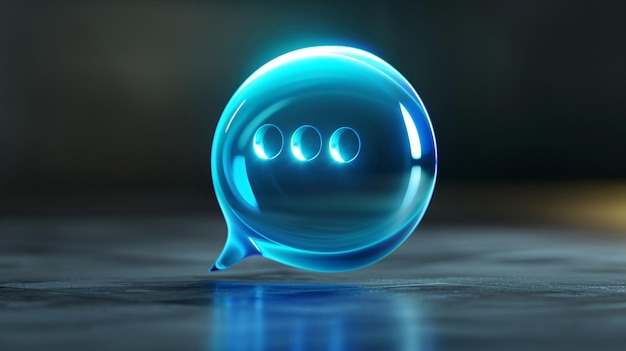 Icono de diálogo vidrioso con símbolo de chat 3D en estilo vidrioso y texto azul en el fondo con efecto de desenfoque perfecto para pantallas de interfaz de usuario de redes sociales, banners comerciales y diseños de aplicaciones