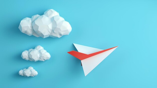 Icono de dibujos animados de avión Origami avión de papel plantilla de pancarta para el concepto de viaje Correo electrónico con notificación de campana aislada en fondo azul renderización 3D