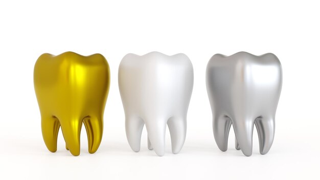 Foto icono de diente con empastes de dientes y amalgama de oro y coronas en los dientes cuidado dental concepto de dentista representación 3d