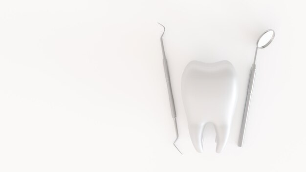 Icono de diente con herramienta de dentista médico o espejo de inspección para la representación 3D del concepto de cuidado dental de los dientes