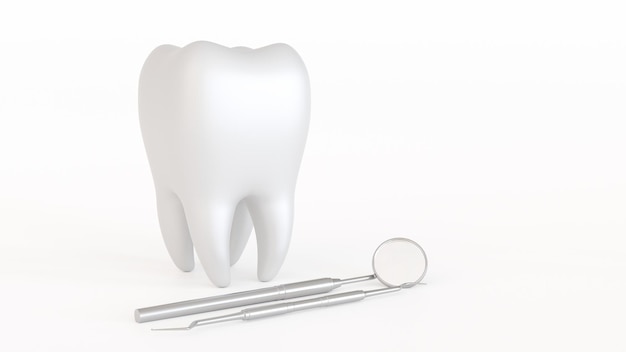 Icono de diente con herramienta de dentista médico o espejo de inspección para la representación 3D del concepto de dentista de cuidado dental de dientes