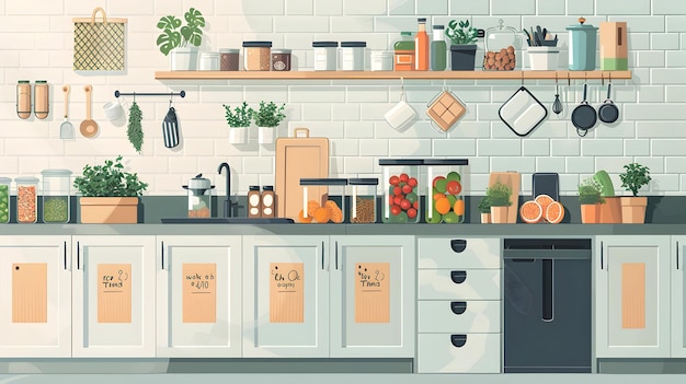 Foto icono de diseño plano elegante concepto de azulejos de cocina de cero residuos con almacenamiento de alimentos a granel y contenedores de compost