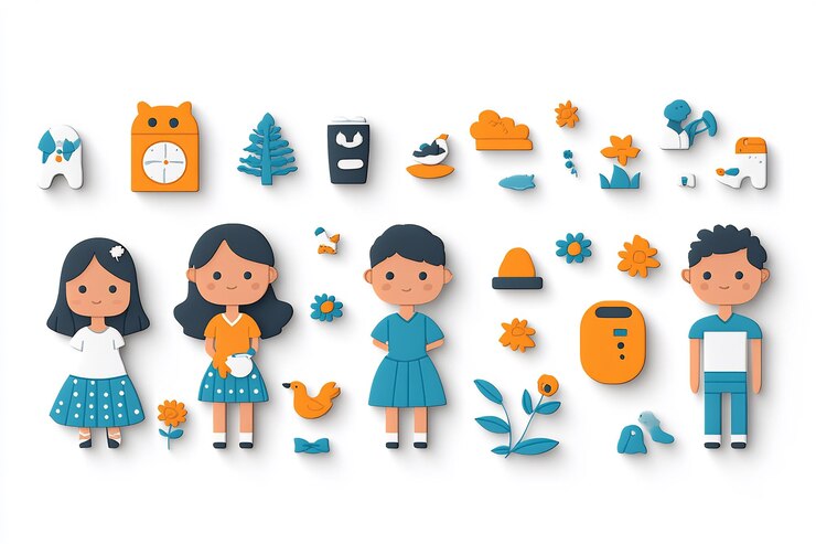 Foto icono de diseño plano que muestra la actividad parental como alimentar, jugar, enseñar la hora de acostarse usando una forma simple