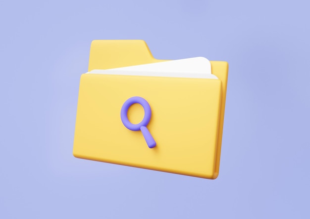 Icono de documento de carpeta 3D flotando en fondo púrpura búsqueda base de datos de almacenamiento de archivos a través de lupa gestión de datos de hoja de trabajo Ilustración de renderización 3D de estilo minimalista de dibujos animados
