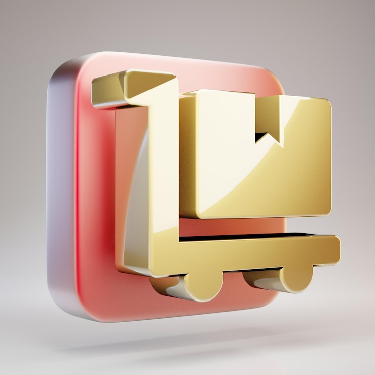Foto icono de dolly flatbed. símbolo golden dolly flatbed en placa de oro rojo mate. 3d prestados icono de redes sociales.