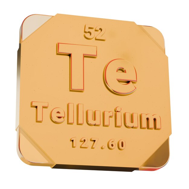 Icono dorado 3D del elemento telurio Te de la tabla periódica