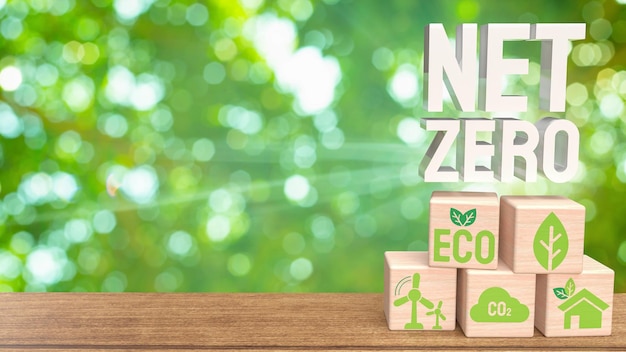 El icono ecológico en el cubo de madera para la representación 3d del concepto cero neto