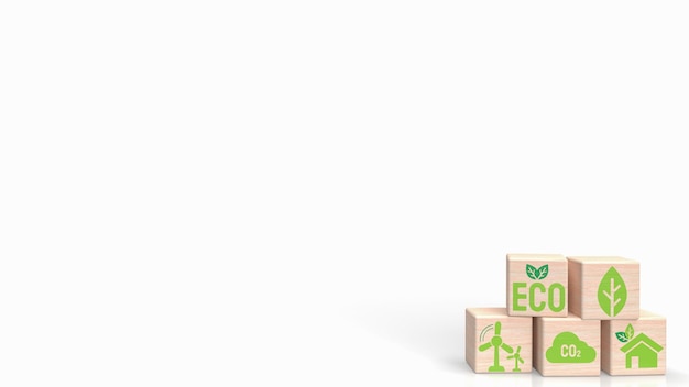 El icono ecológico en el cubo de madera para la representación 3d del concepto de ecología