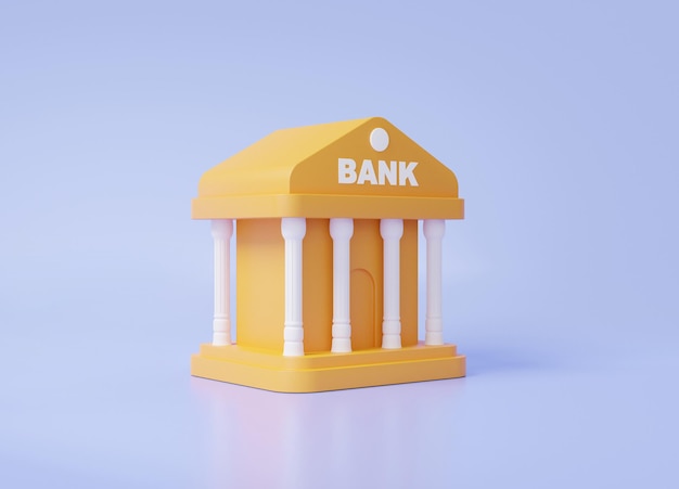 Icono de edificio de banco amarillo 3D sobre fondo pastel concepto de finanzas de inversión empresarial transacción de dinero seguridad economía presupuesto fondo depósito dibujos animados estilo minimalista ilustración 3d renderingxA