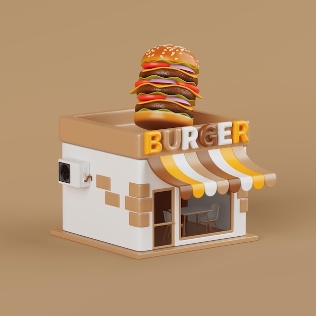 El icono del edificio de comida rápida de la tienda de hamburguesas de dibujos animados Rendering 3d