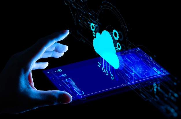 Icono de empuje manual Ui de Cloud Computing Technology Concepto de red de almacenamiento de Internet con teléfono inteligente