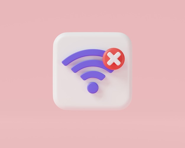 Icono de error inalámbrico en fondo rosa La red Wifi no está disponible Mala red Error de Internet Problema wifi No hay señal wifi No hay señal de Internet Ilustración de renderizado 3D estilo minimalista de dibujos animados