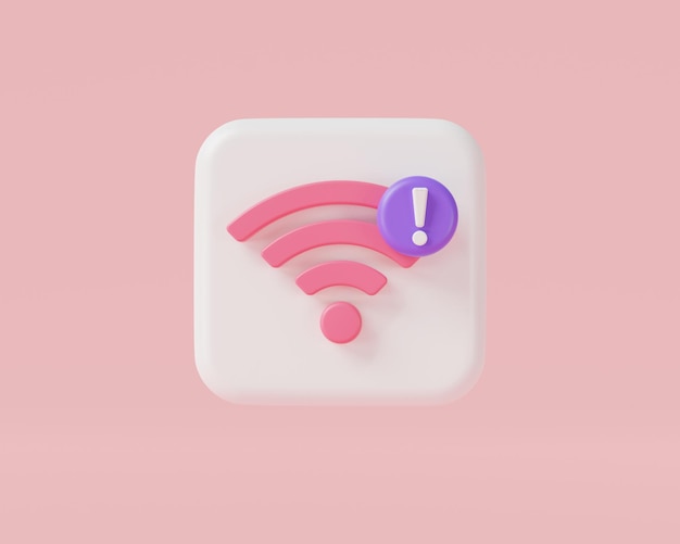 Icono de error inalámbrico en fondo rosa La red Wifi no está disponible Mala red Error de Internet Problema wifi No hay señal wifi No hay señal de Internet Ilustración de renderizado 3D estilo minimalista de dibujos animados