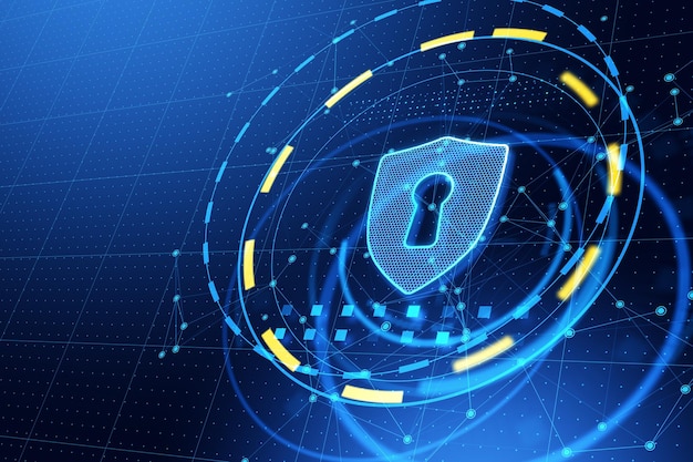 Icono de escudo antivirus brillante en el fondo azul de la página web Concepto de seguridad y protección Representación 3D