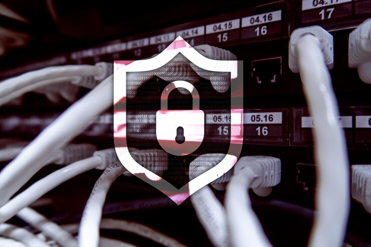 Foto icono de escudo de protección cibernética en el fondo de la sala de servidores seguridad de la información y detección de virus